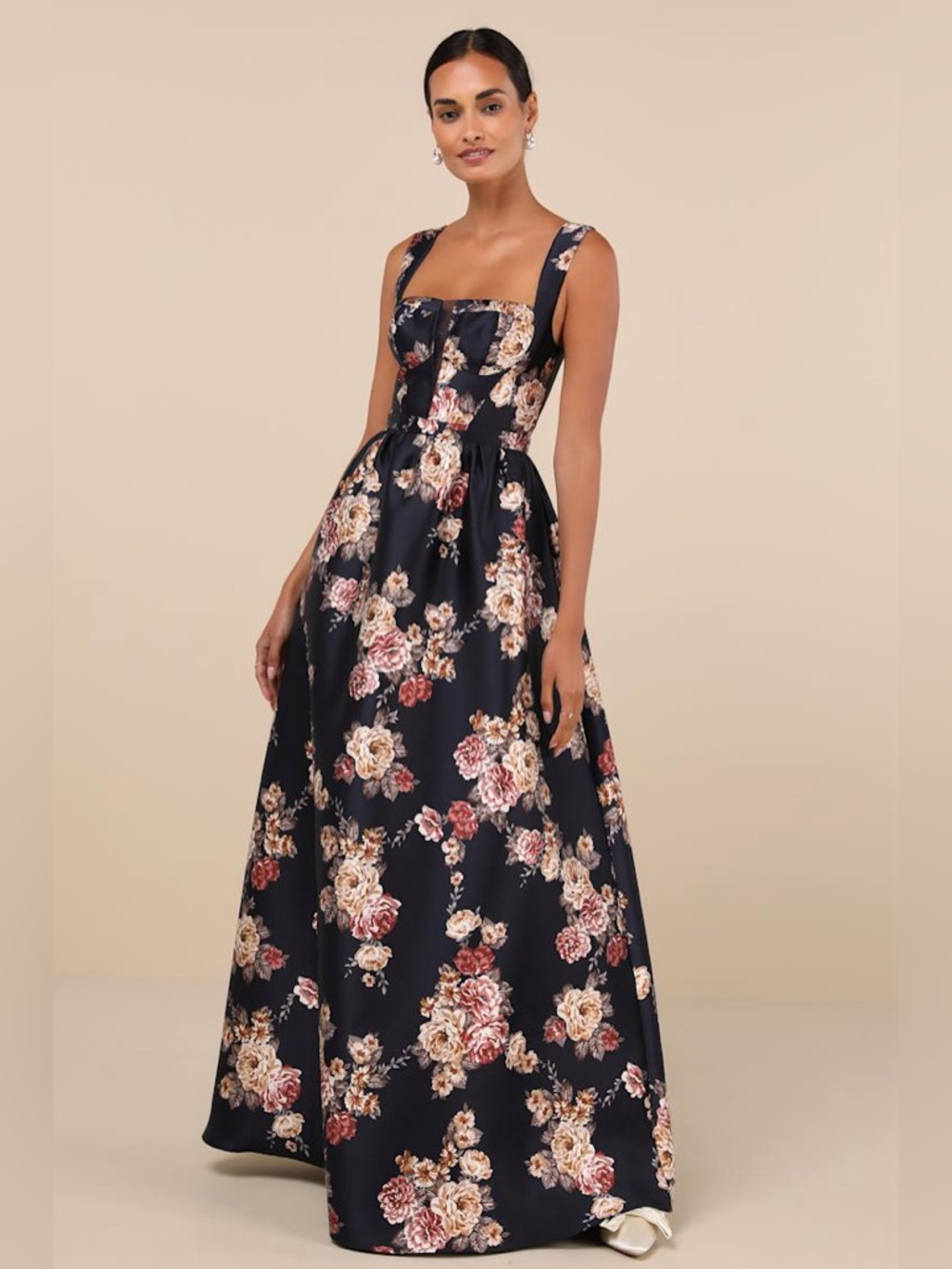 Lulus Elegant Pick Navy Blue Floral Sleeveless Bustier Maxi Dress Size Small